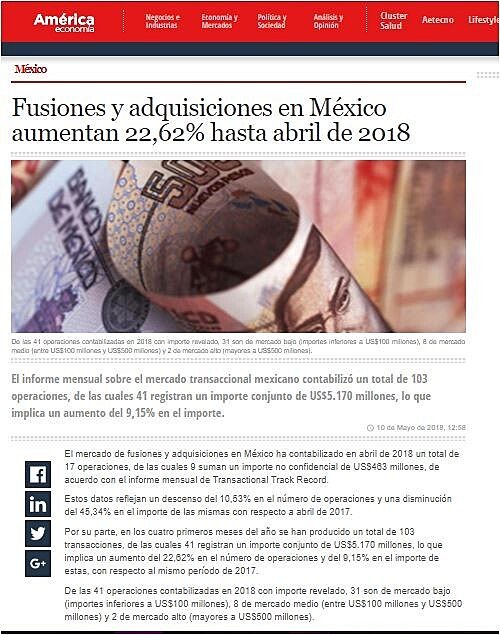 Fusiones y adquisiciones en Mxico aumentan 22,62% hasta abril de 2018